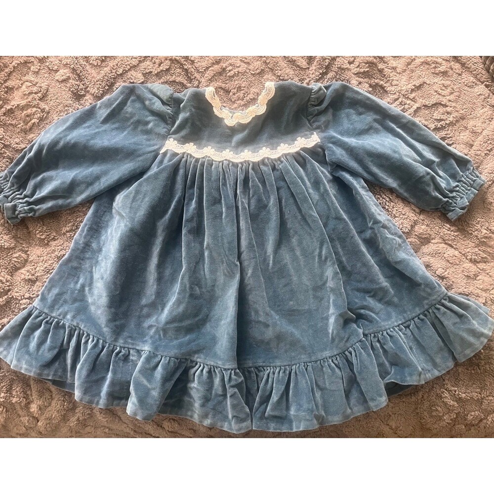 Vintage Handmade Blue Velvet Ruffle Circle Dress 2T